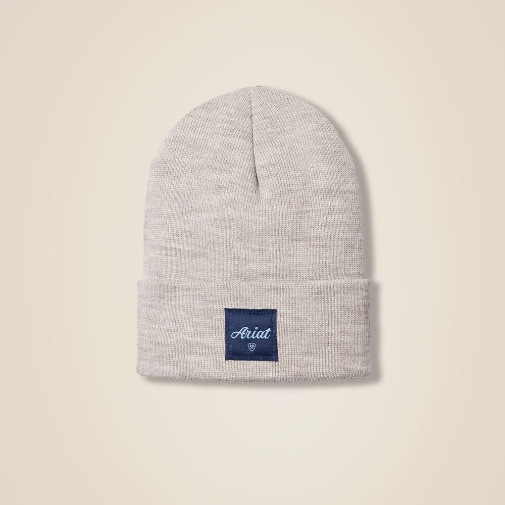 Ariat Ladies Square Patch Beanie Alabaster Heather Knit Hat NEW